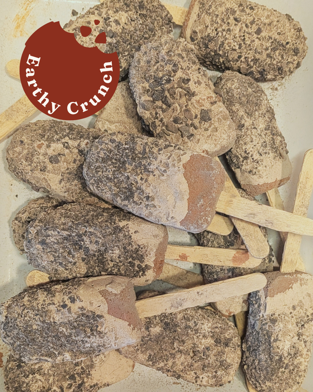 Galaxy Pops -  Layered red clays rolled in chalk paste and smoky crumbs (Edible Clay Treats)